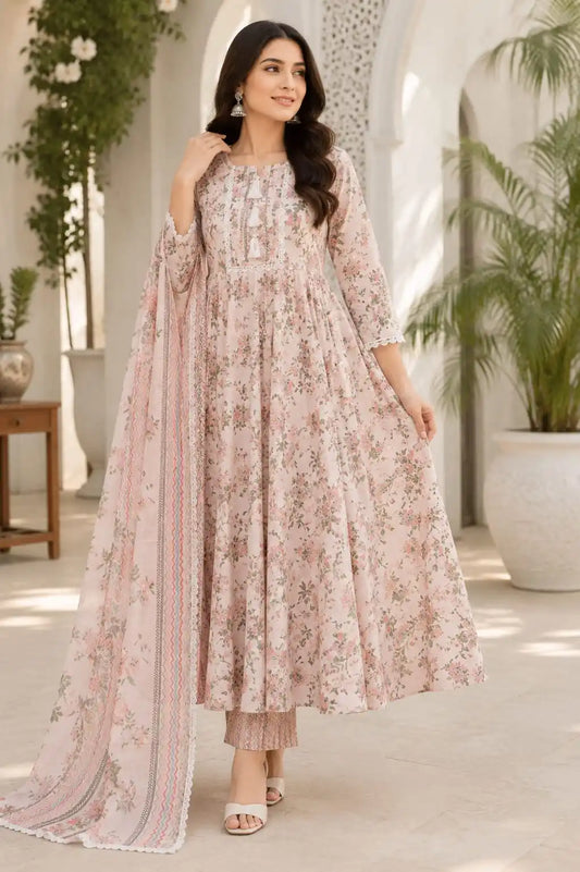 Floral Printed Cotton Anarkali with Lace Work By ASC