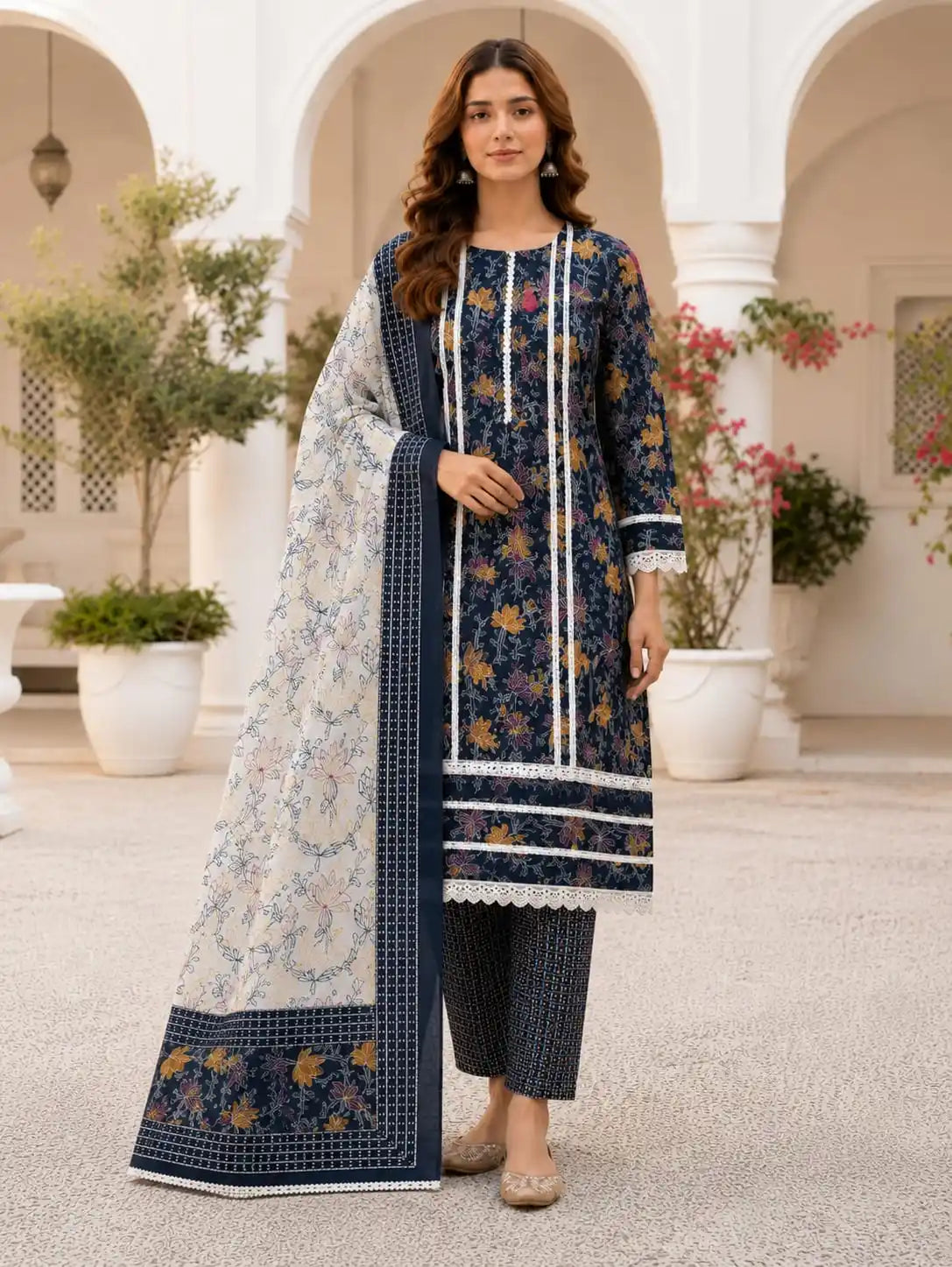 Karachi Print Cotton Straight Cut Kurta Pant Dupatta Set By ASC