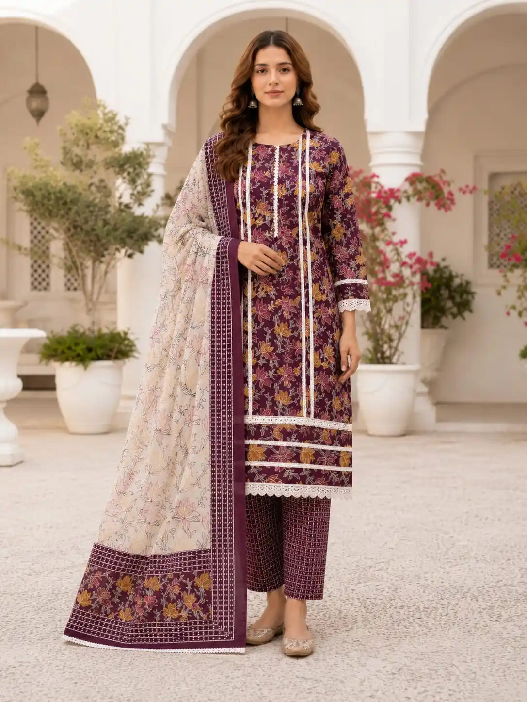 Karachi Pattern Straight Cut Cotton Suit Set with Dupatta By ASC