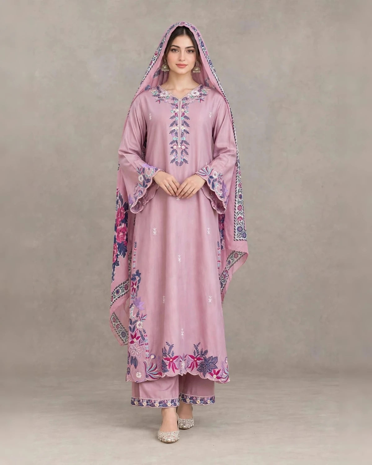 Mauve pink soft satin rayon Karachi style embroidered readymade suit with embroidered pant and muslin dupatta - ASC Fashion Store