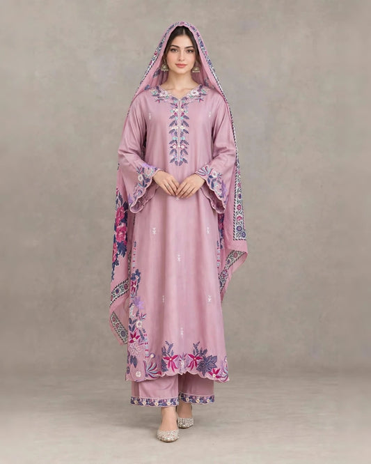 Mauve pink soft satin rayon Karachi style embroidered readymade suit with embroidered pant and muslin dupatta - ASC Fashion Store