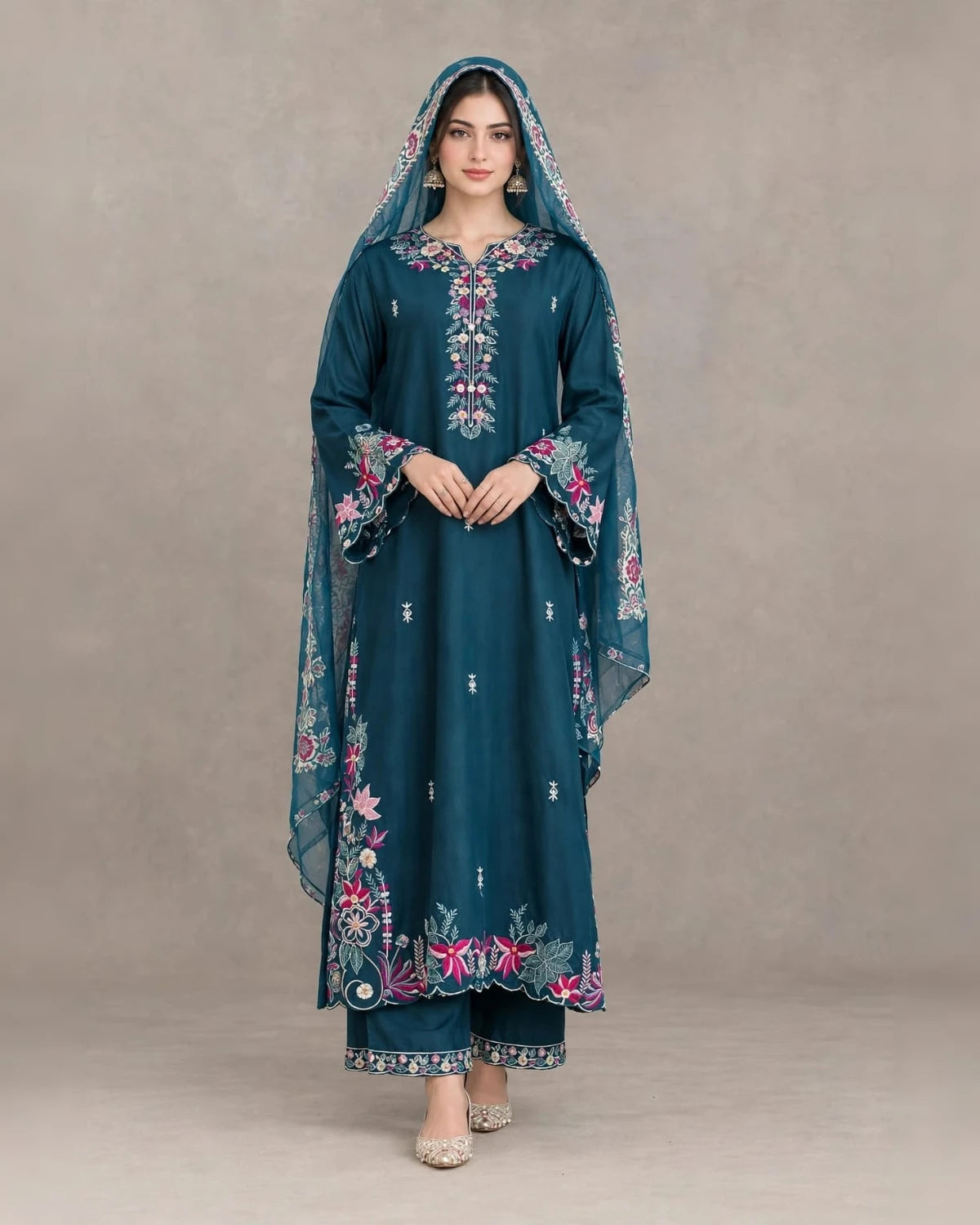 Teal blue soft satin rayon Karachi style embroidered readymade suit with embroidered pant and muslin dupatta - ASC Fashion Store