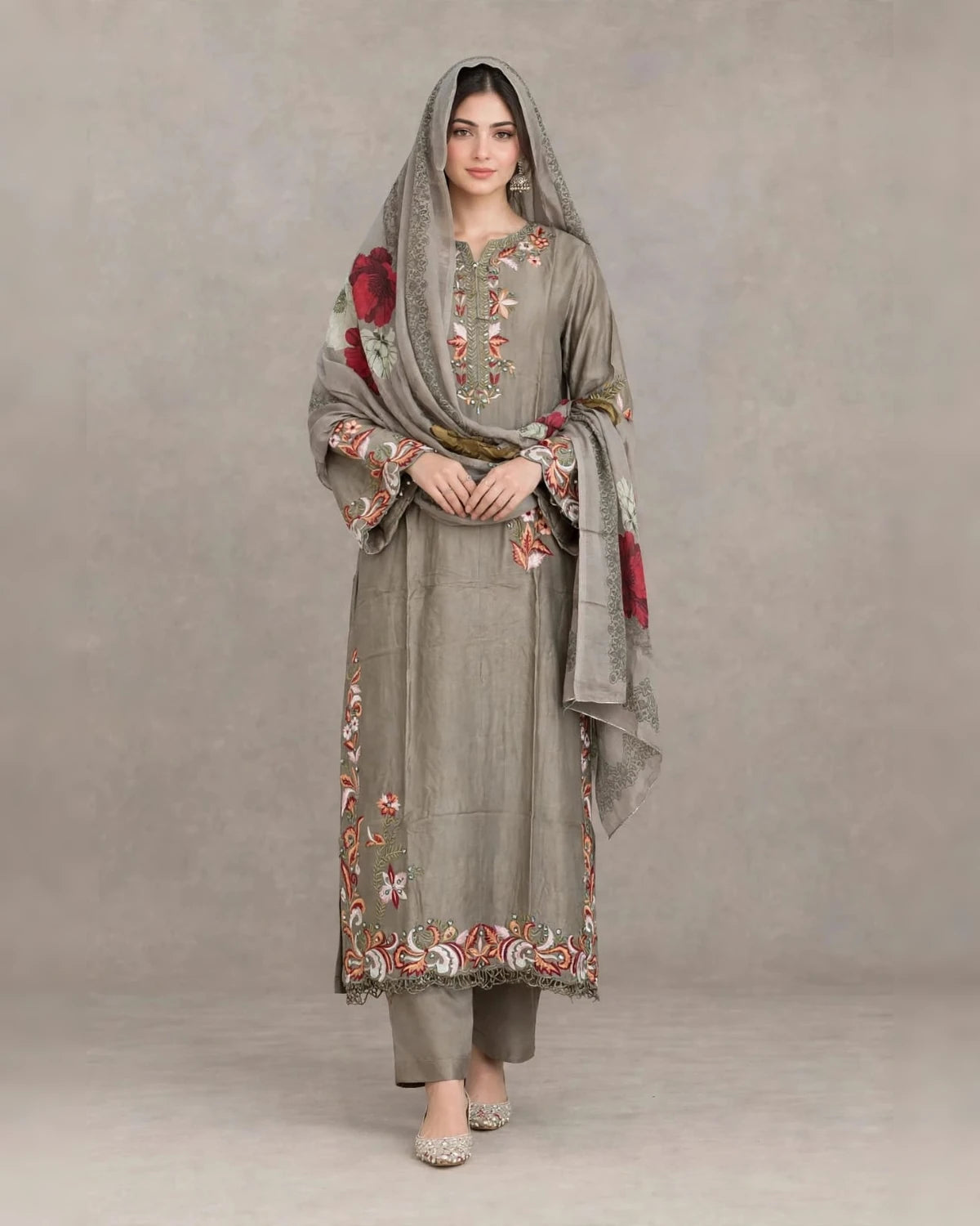 Grey soft satin rayon Karachi style embroidered readymade suit with embroidered pant and muslin dupatta - ASC Fashion Store