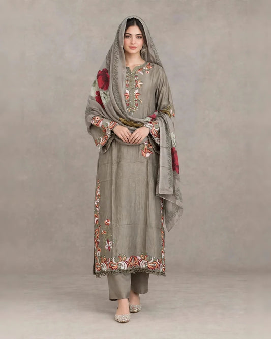 Grey soft satin rayon Karachi style embroidered readymade suit with embroidered pant and muslin dupatta - ASC Fashion Store