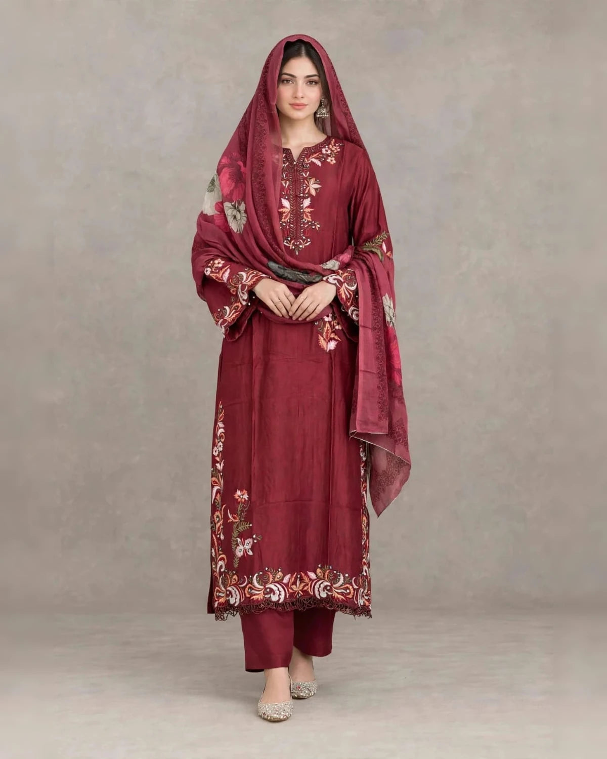 Maroon soft satin rayon Karachi style embroidered readymade suit with embroidered pant and muslin dupatta - ASC Fashion Store