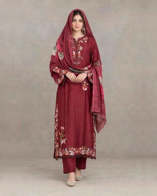 Maroon soft satin rayon Karachi style embroidered readymade suit with embroidered pant and muslin dupatta - ASC Fashion Store