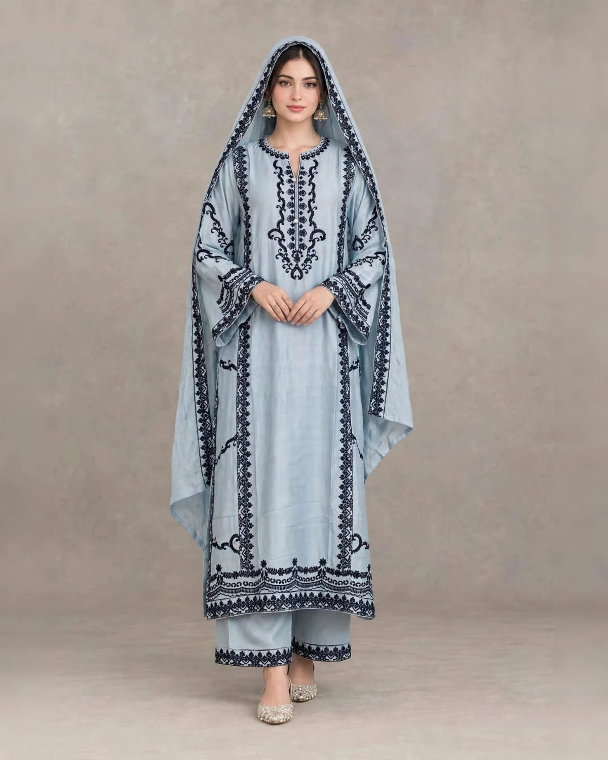 Powder blue soft satin rayon Karachi style readymade suit with navy embroidery, embroidered pant and embroidered dupatta - ASC Fashion Store