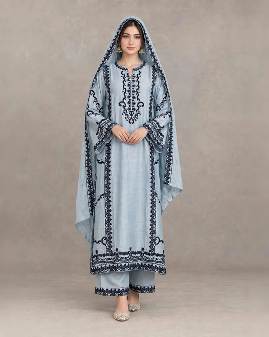 Powder blue soft satin rayon Karachi style readymade suit with navy embroidery, embroidered pant and embroidered dupatta - ASC Fashion Store