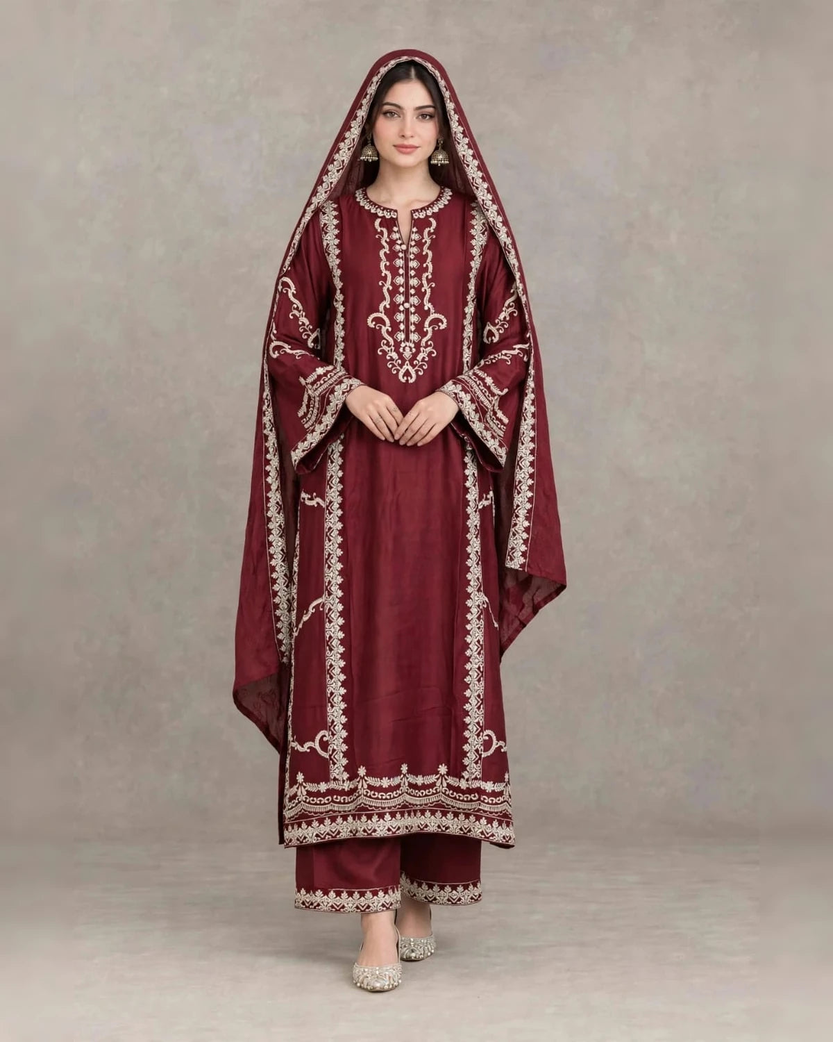 Maroon soft satin rayon Karachi style readymade suit with cream embroidery, embroidered pant and embroidered dupatta - ASC Fashion Store