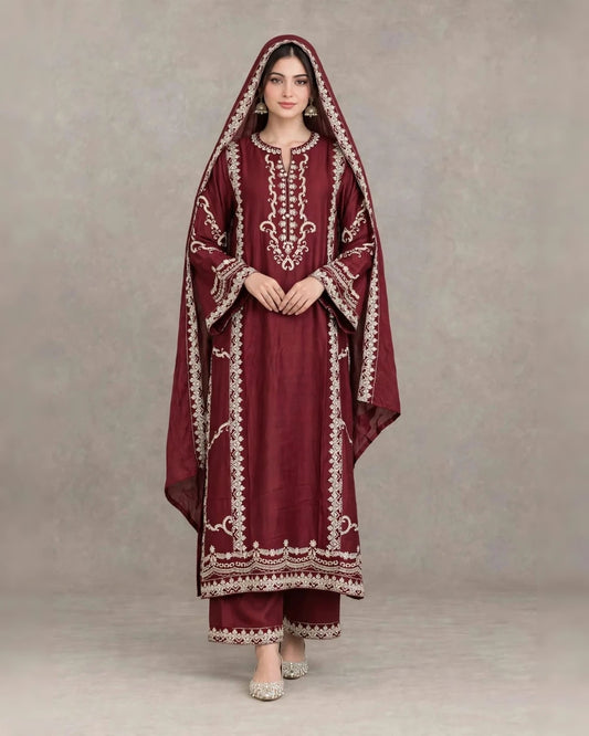 Maroon soft satin rayon Karachi style readymade suit with cream embroidery, embroidered pant and embroidered dupatta - ASC Fashion Store