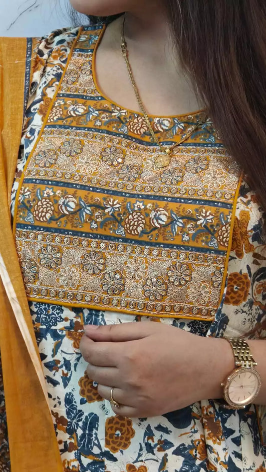 Gown With Kali, Neck Patch Emb, Cotton Pant, Cotton Dupatta