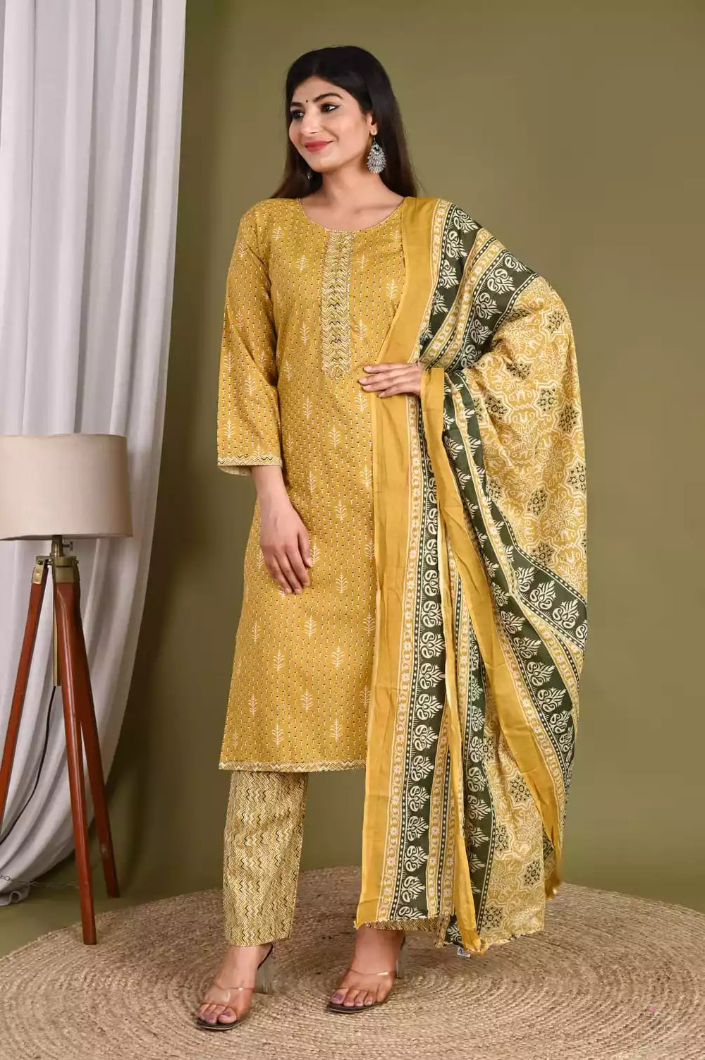Readymade Mustard Block Print Neck Embroidered Cotton Suit With Mal Cotton Dupatta