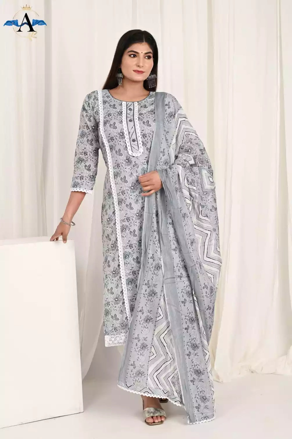 Readymade Cotton Suit With Karachi Lace pattern With Neck Tie Buttons, Pant, & Dupatta