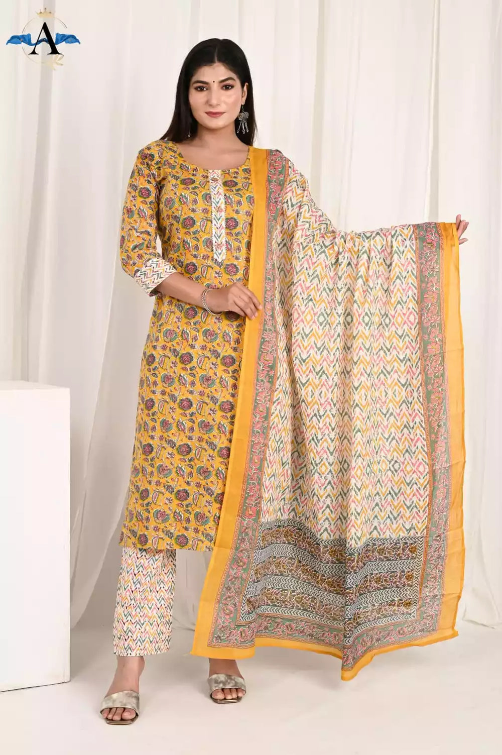 Readymade Ikkat Print Cotton Suit With Mal Cotton Dupatta