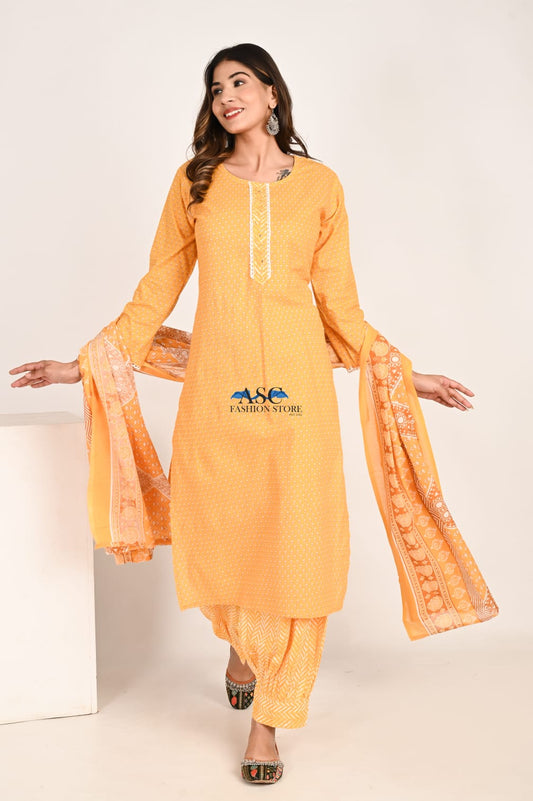 Yellow Readymade Cotton Block Print Suit With  Salwar & Mal Dupatta