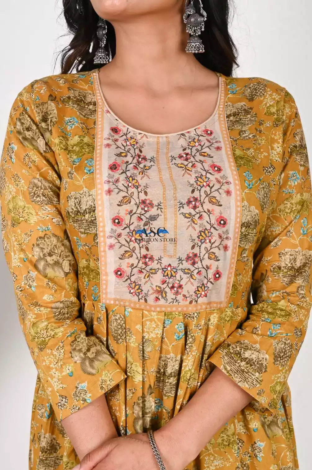 Naira Cut Neck Hand work Readymade Cotton Floral Print With Tabby Silk Digital Dupatta