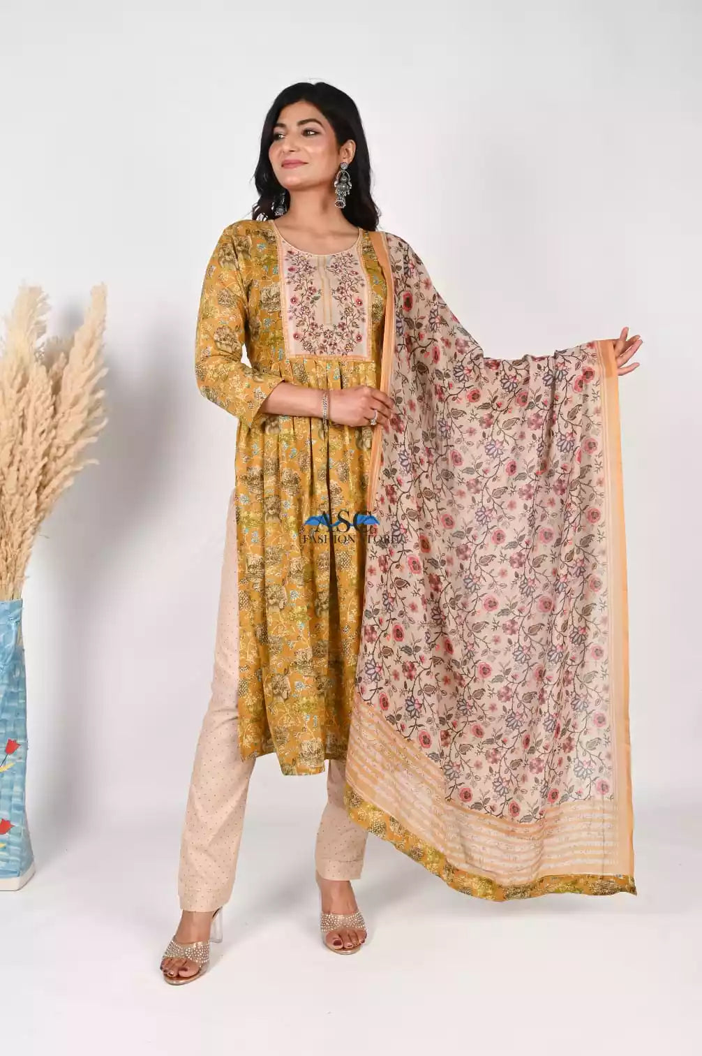 Naira Cut Neck Hand work Readymade Cotton Floral Print With Tabby Silk Digital Dupatta