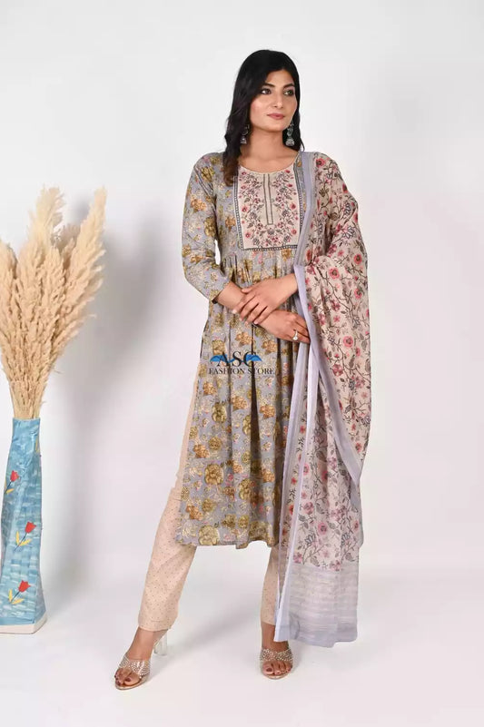 Naira Cut Neck Hand work Readymade Cotton Floral Print With Tabby Silk Digital Dupatta