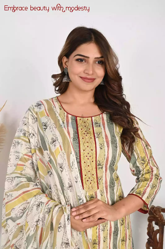 Neck Embroidered Work Readymade Cotton Suit With Mustard Pant & Dupatta