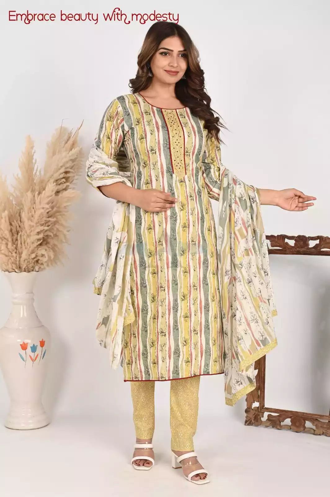 Neck Embroidered Work Readymade Cotton Suit With Mustard Pant & Dupatta