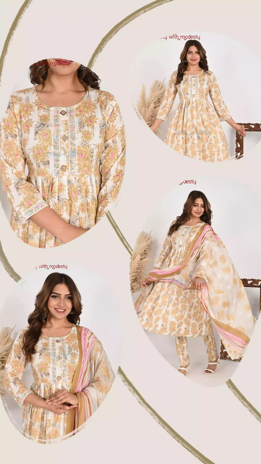 Floral Frock Style Cord Set With Neeck embroidered, Sleeves embroidered, Mal dupatta & Cotton Pant