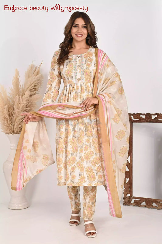 Floral Frock Style Cord Set With Neeck embroidered, Sleeves embroidered, Mal dupatta & Cotton Pant
