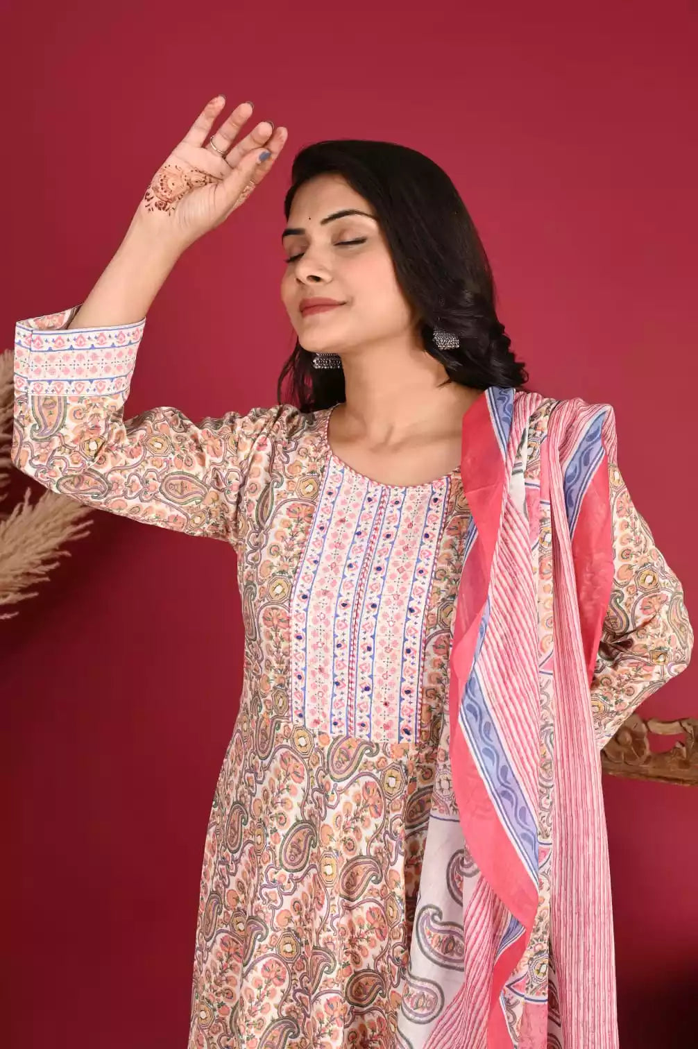 Frock With Neck Yoke Dabu Patch, Floral Print With Cotton Pant & Mal Dupatta