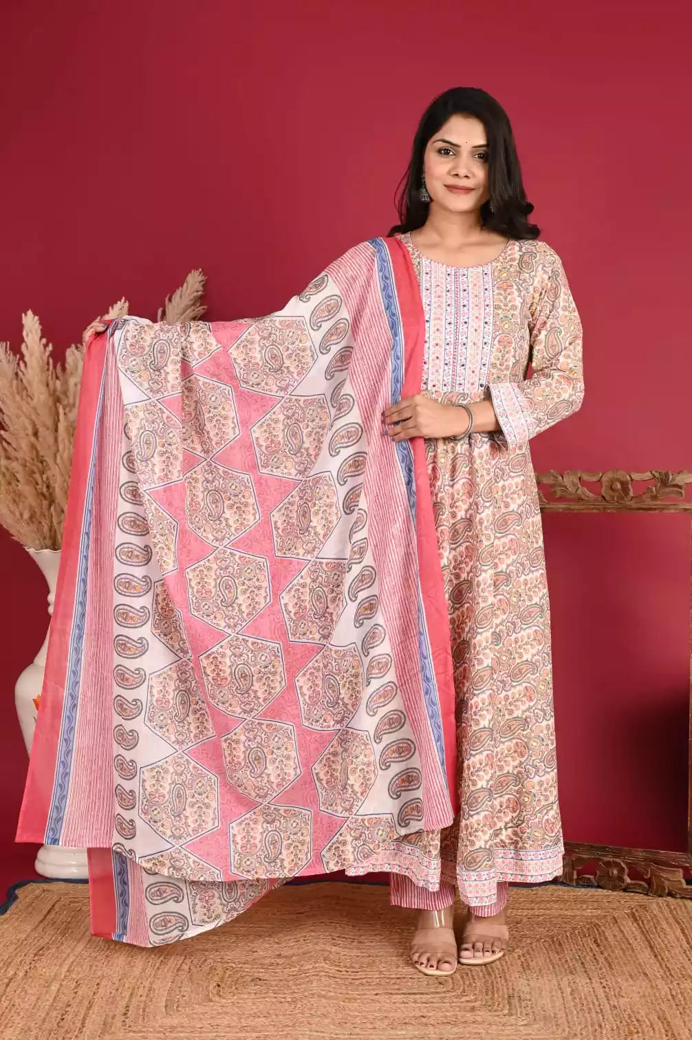 Frock With Neck Yoke Dabu Patch, Floral Print With Cotton Pant & Mal Dupatta