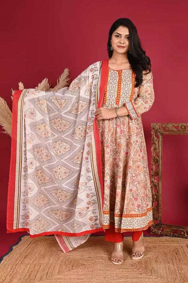 Frock With Neck Yoke Dabu Patch, Floral Print With Cotton Pant & Mal Dupatta