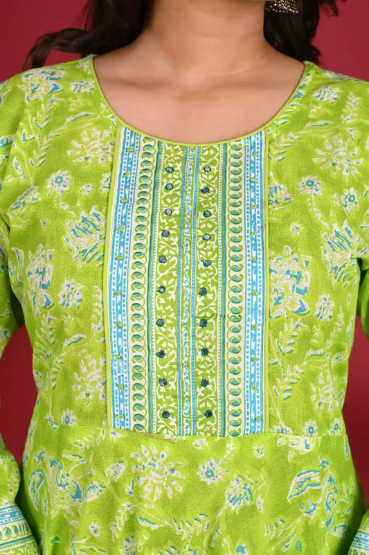 Frock With Neck Yoke Dabu Patch, Floral Print With Cotton Pant & Mal Dupatta