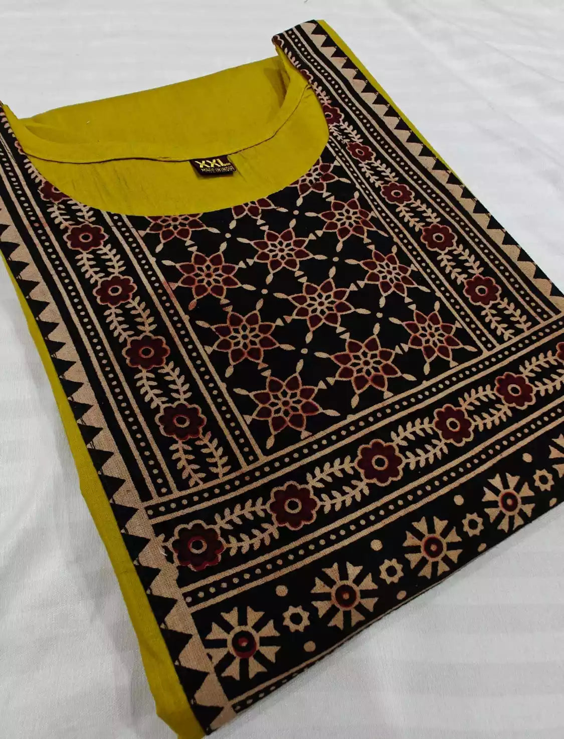 South Pattern Neck Kacchi Dabu Patch Straight Cut Kurti With Full Sleeves (No Dupatta No Bottom)Only Kurti