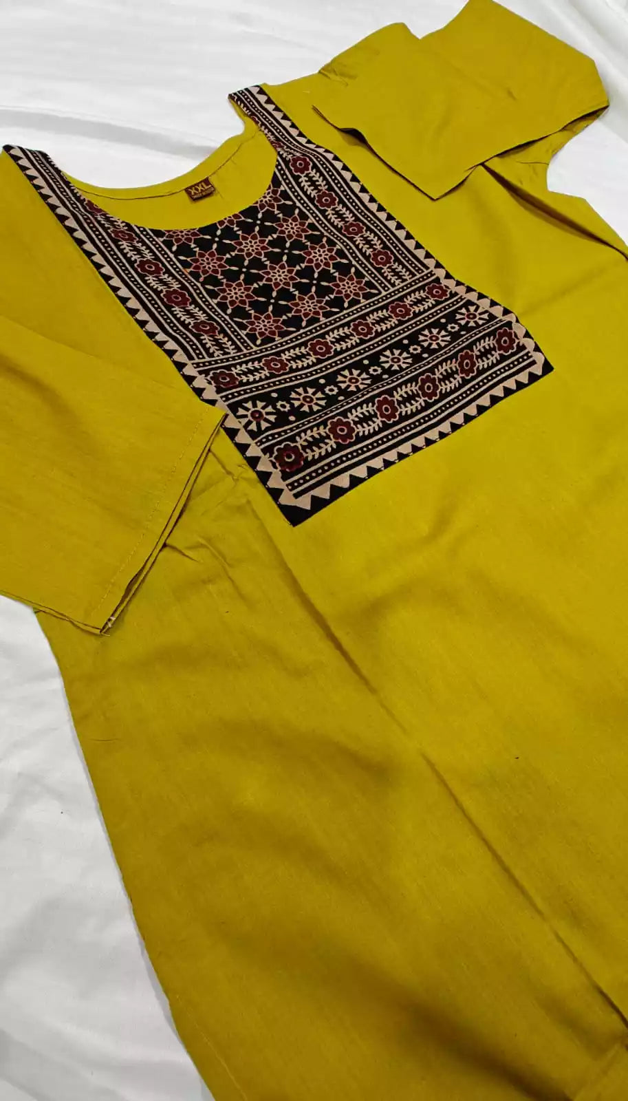 South Pattern Neck Kacchi Dabu Patch Straight Cut Kurti With Full Sleeves (No Dupatta No Bottom)Only Kurti