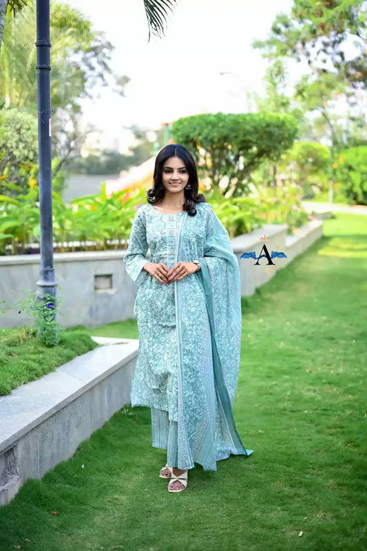 Readymade Block Print Cotton Suit With Cotton Dupatta