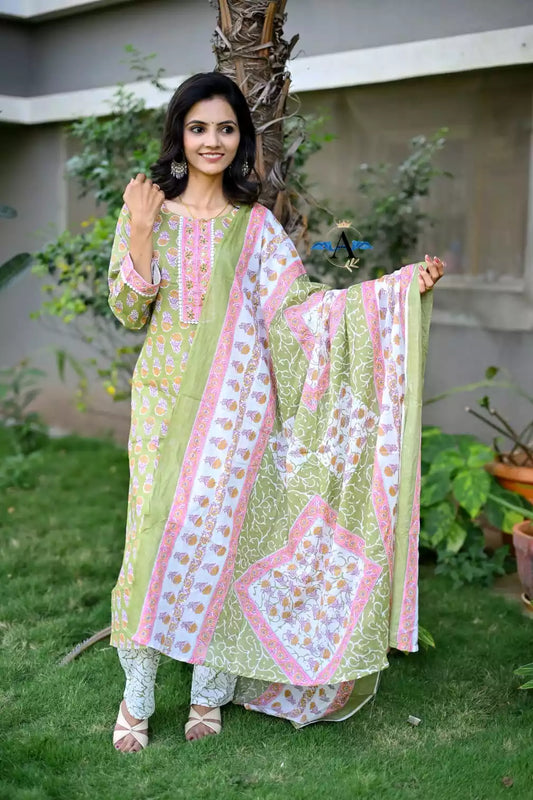 Readymade Block Print Cotton Suit With Cotton Dupatta