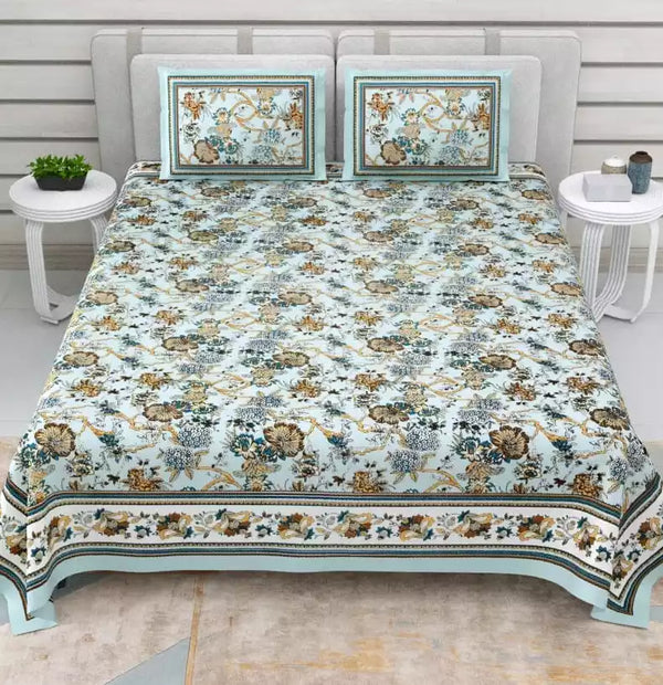 King Size 9ft*9ft Sanganeri Cotton Bedsheets With 2 Pillow Covers