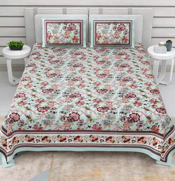 King Size 9ft*9ft Sanganeri Cotton Bedsheets With 2 Pillow Covers