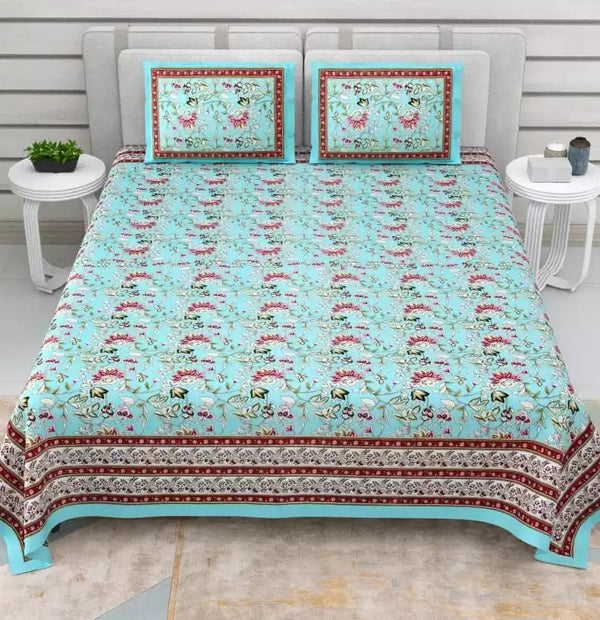 King Size 9ft*9ft Sanganeri Cotton Bedsheets With 2 Pillow Covers