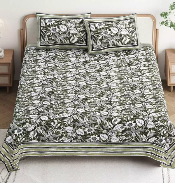 King Size 9ft*9ft Sanganeri Cotton Bedsheets With 2 Pillow Covers
