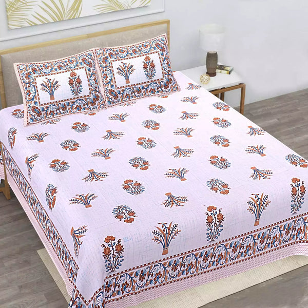 King Size 9ft*9ft Sanganeri Cotton Bedsheets With 2 Pillow Covers