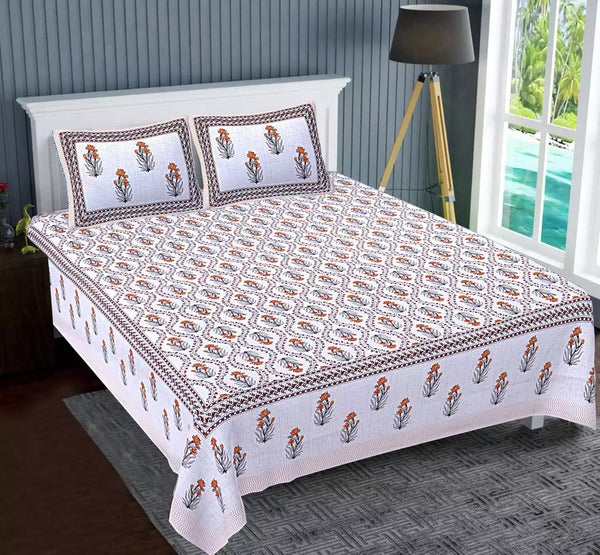 King Size 9ft*9ft Sanganeri Cotton Bedsheets With 2 Pillow Covers