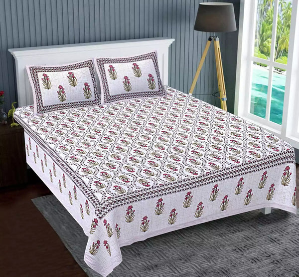 King Size 9ft*9ft Sanganeri Cotton Bedsheets With 2 Pillow Covers