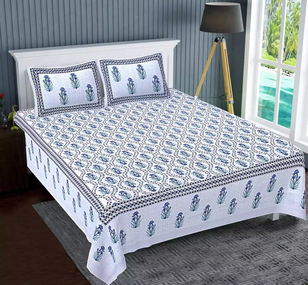 King Size 9ft*9ft Sanganeri Cotton Bedsheets With 2 Pillow Covers