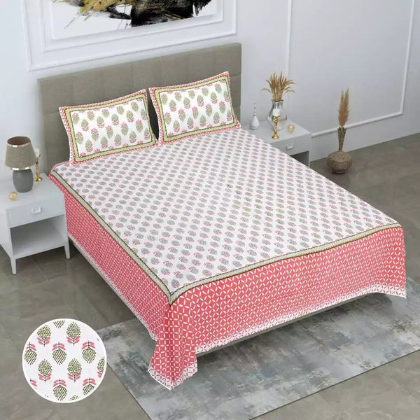 King Size 9ft*9ft Sanganeri Cotton Bedsheets With 2 Pillow Covers