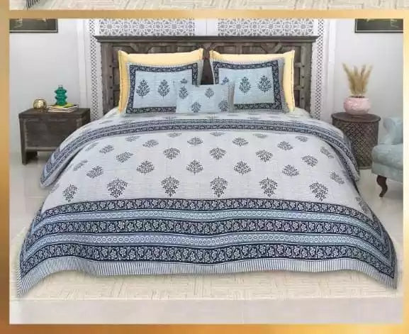 King Size 9ft*9ft Sanganeri Cotton Bedsheets With 2 Pillow Covers