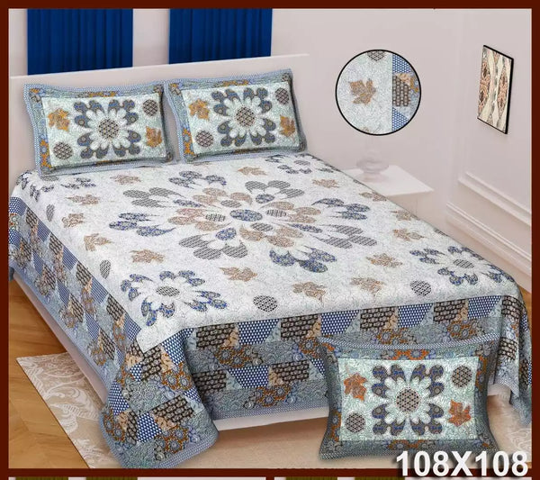 King Size 9ft*9ft Sanganeri Cotton Bedsheets With 2 Pillow Covers