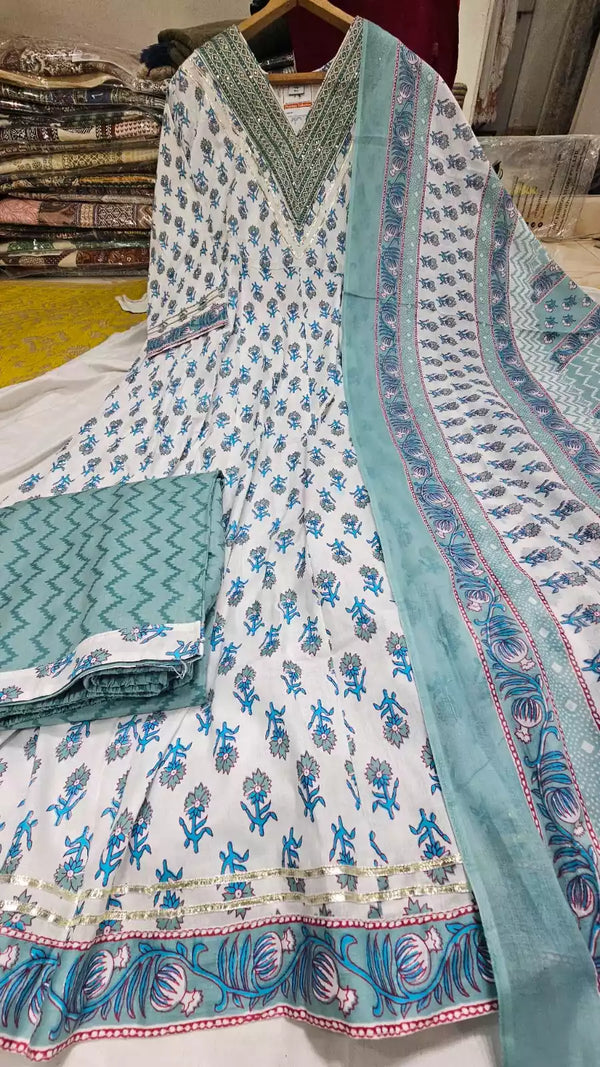 Gown With Kali In Premium Cotton Fabric, Cotton Pant, Mal Cotton Print Dupatta