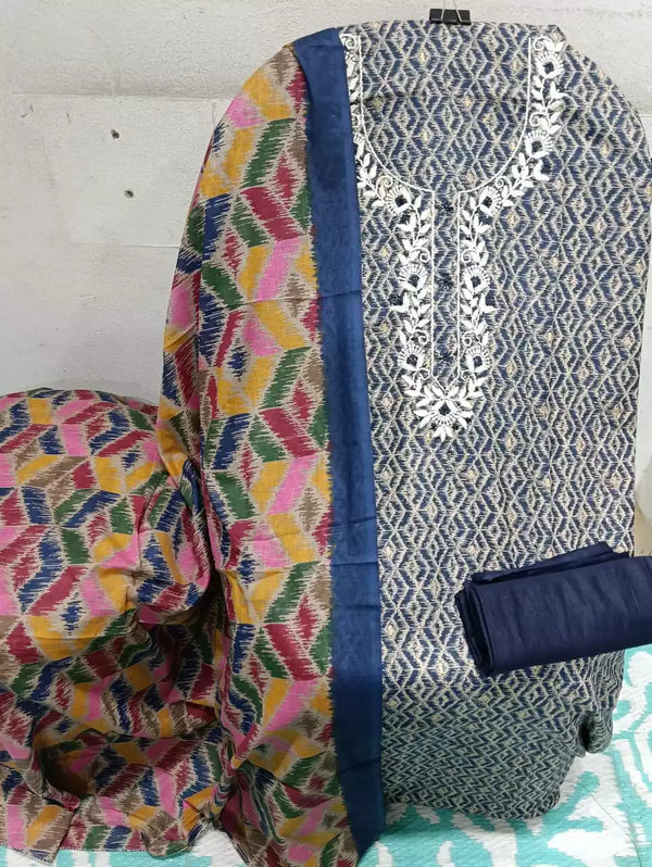 UNSTITCHED NECK EMBROIDERED COTTON SUIT WITH COTTON DUPATTA