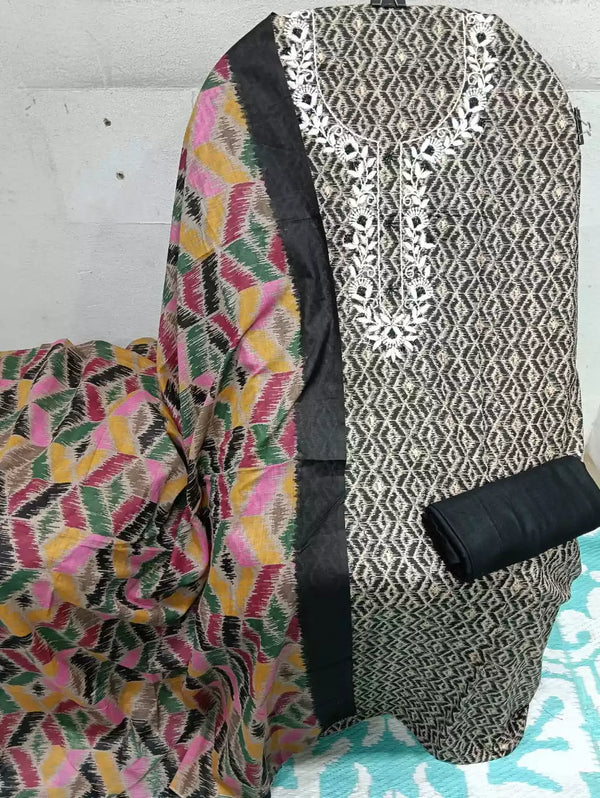 UNSTITCHED NECK EMBROIDERED COTTON SUIT WITH COTTON DUPATTA