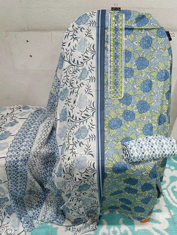 UNSTITCHED NECK EMBROIDERED COTTON SUIT WITH COTTON DUPATTA