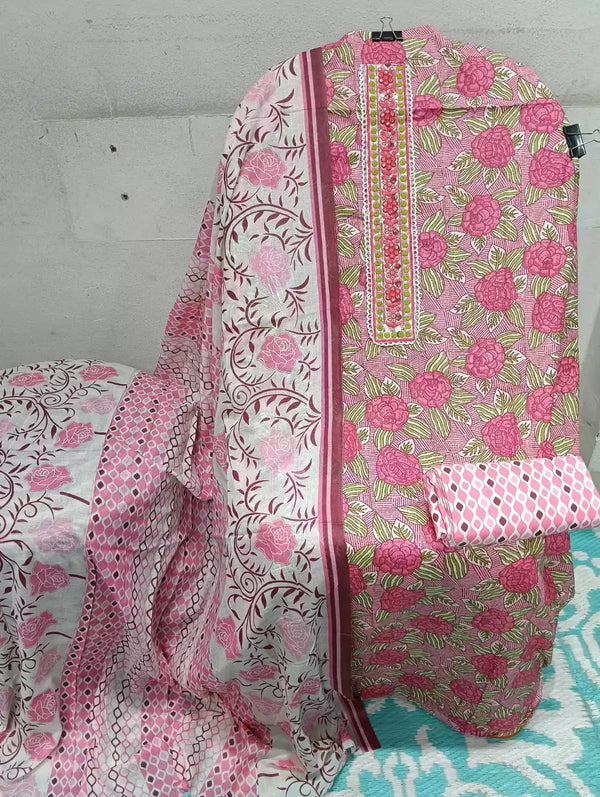 UNSTITCHED NECK EMBROIDERED COTTON SUIT WITH COTTON DUPATTA